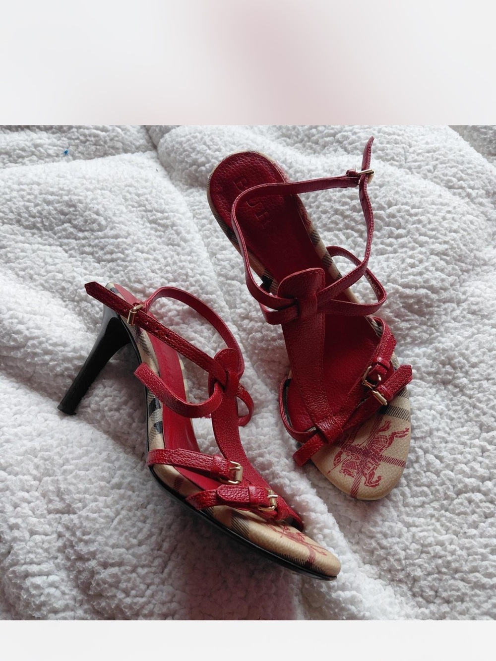 Burberry Red Strappy High Heel Sandals with Black Heels